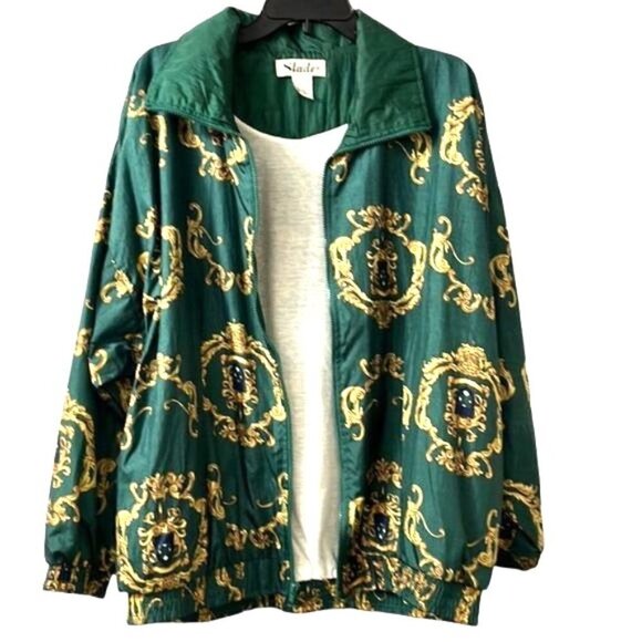 Vintage SLADE Green NYLON ORNATE BAROQUE PRINT LINED WINDBREAKER JACKET NWOT 1X - Picture 6 of 9